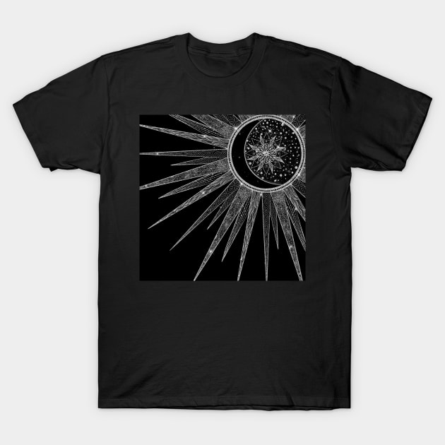 Black and Silver Mandala Sun Moon T-Shirt by NdesignTrend